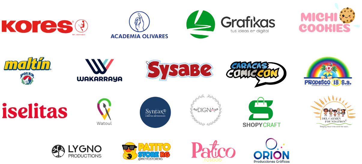 Marcas que han apoyado al Reto Creativo Fest: Kores, Academia Olivares, Grafikas, Michi Cookies, Maltín Polar, Wakarraya, Sysabe, Caracas Comic Con, Prodesco 18, Iselitas, Watoul, Syntax, Digna, Shopycraft, Del Carmen Foundation, Lygno Productions, Patito Store RG, Patico Rosado y Orion Producciones Gráficas